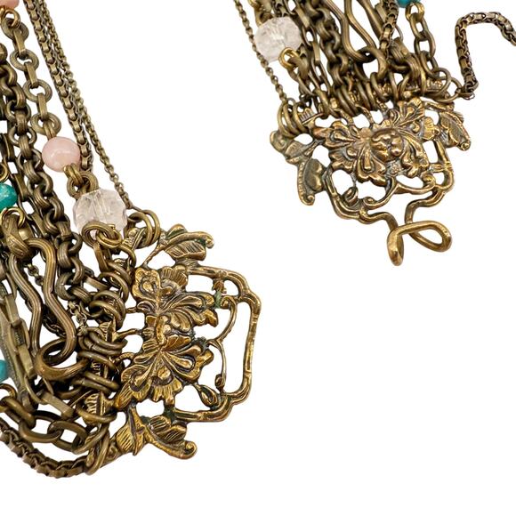 Stephen Dweck multi-12 strand pink & blue Beaded Statement Necklace bronze metal - Picture 10 of 11